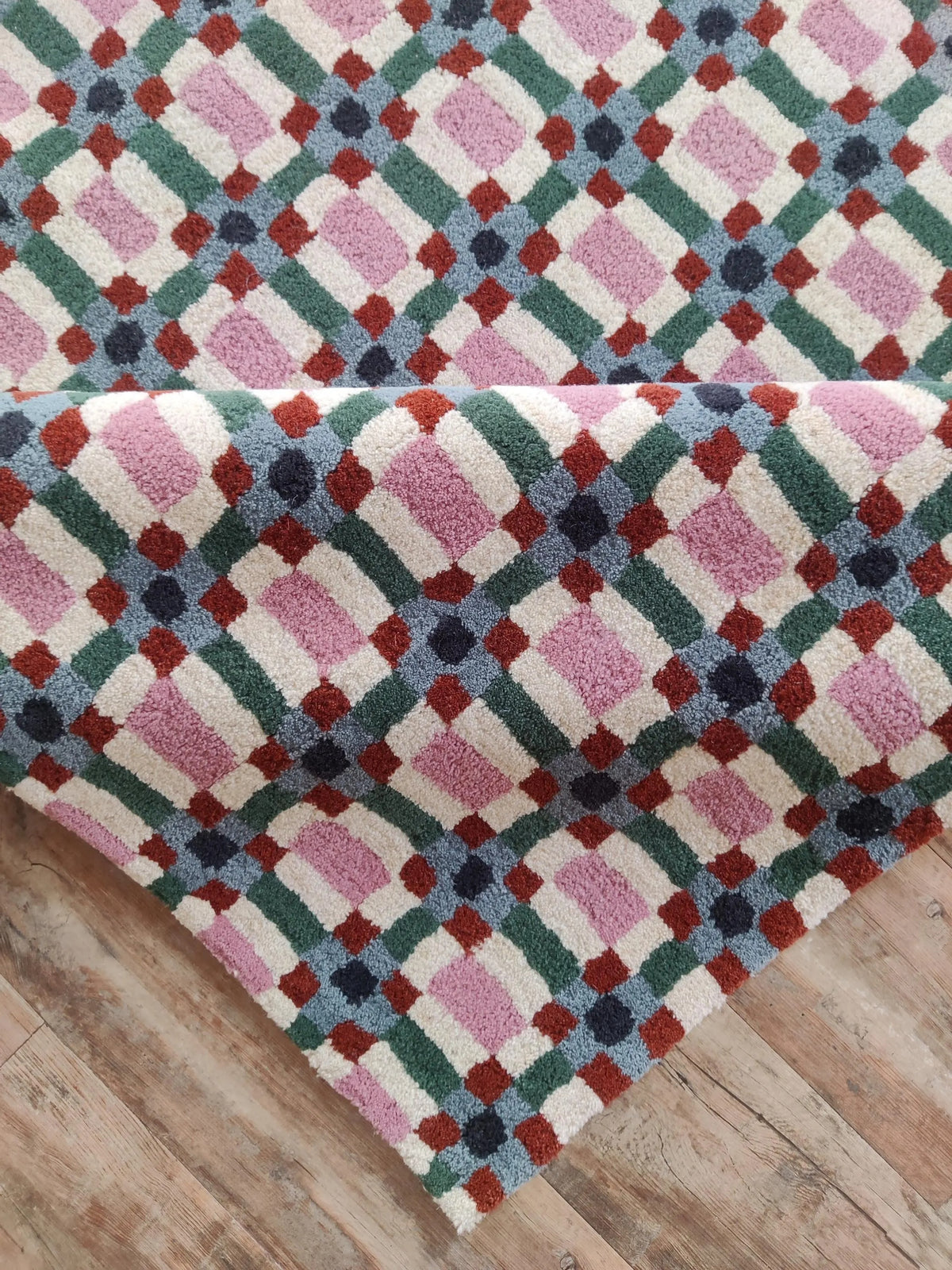 Pastel Pink & Green Checkered Rug, Modern Geometric Grid Living Room Carpet