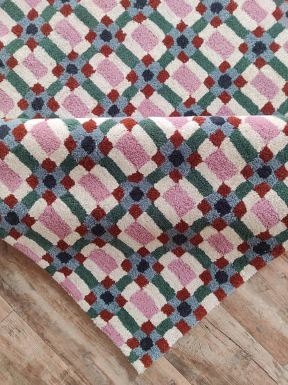 Pastel Pink & Green Checkered Rug, Modern Geometric Grid Living Room Carpet
