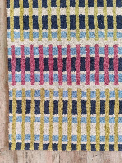 Magenta Pink & Lime Green Striped Tufted Carpet, Retro Geometric Living Room Floor Rug