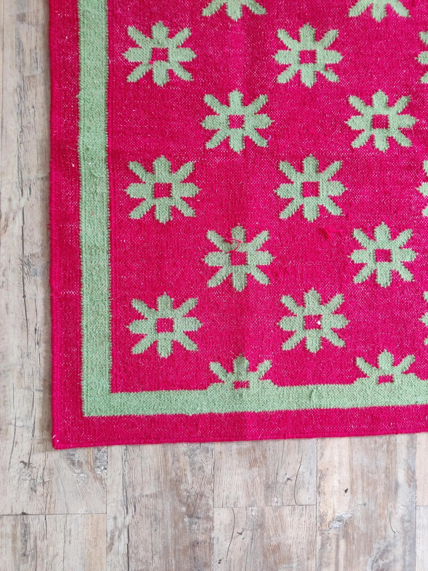 Berry Playful Blossom Vibrant Hot Pink & Mint Green Cotton Wool Dhurrie