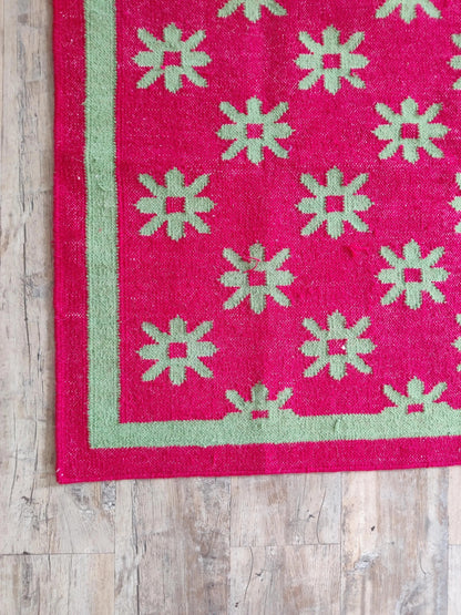 Berry Playful Blossom Vibrant Hot Pink & Mint Green Cotton Wool Dhurrie