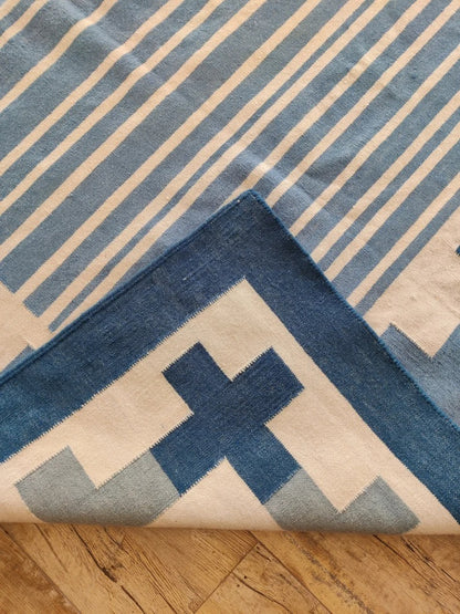 Handwoven Blue Stripe Cotton Rug Geometric Border Dhurrie Rug