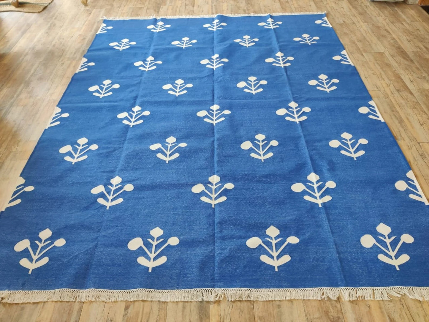 Azure Blossom Handmade Coastal Rug, Custom Size Dhurrie