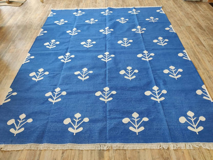 Azure Blossom Handmade Coastal Rug, Custom Size Dhurrie