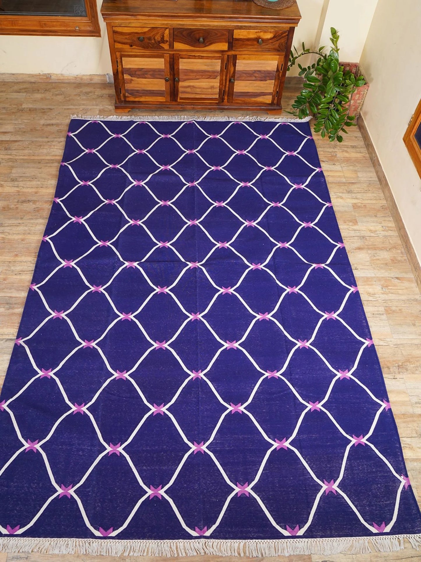 Cobalt Trellis Handwoven Cotton Flatweave Dhurrie Rug
