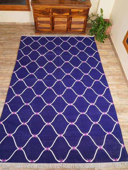 Cobalt Trellis Handwoven Cotton Flatweave Dhurrie Rug