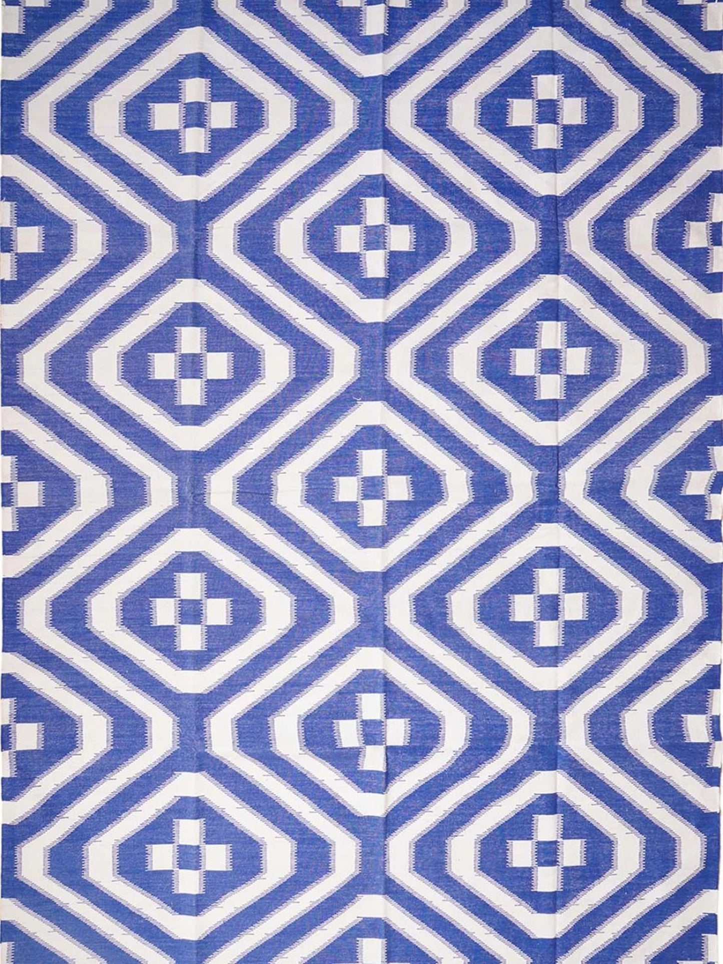 Royal Blue & White Geometric Area Rug, Southwestern Diamond Cross Kilim Dhurrie