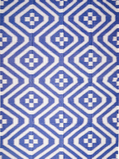 Royal Blue & White Geometric Area Rug, Southwestern Diamond Cross Kilim Dhurrie