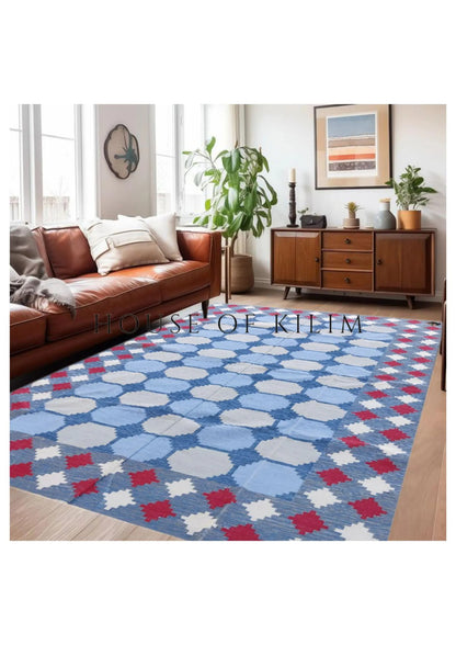 Vegetable Dyed Sky Blue and Terracotta Red Tile Patterned Gingham Dhurrie