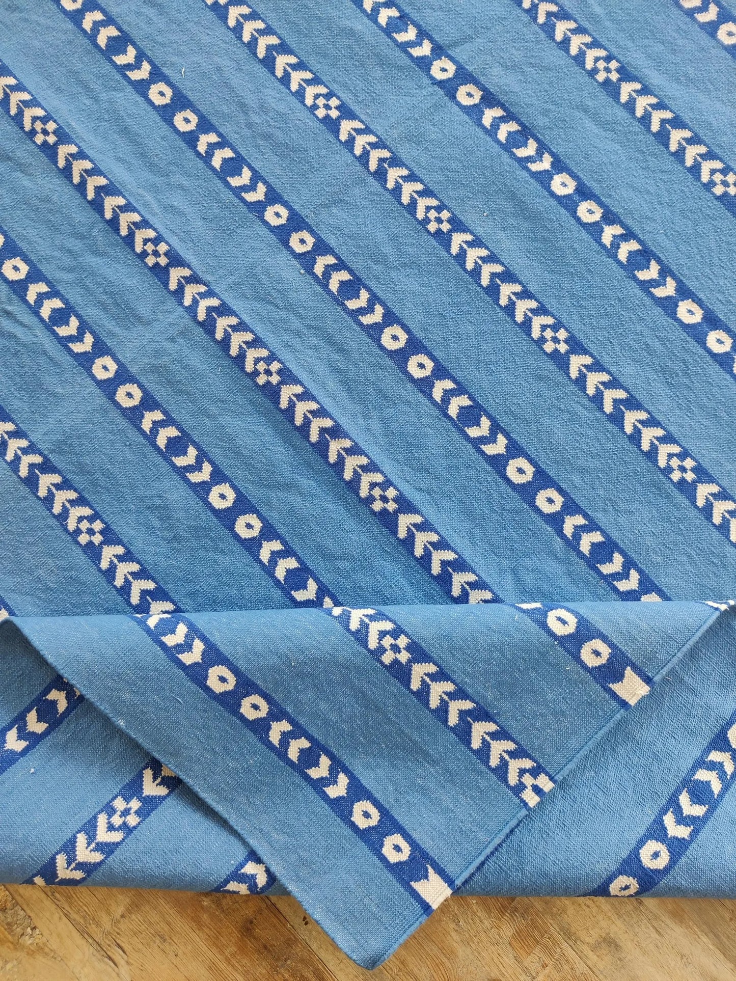 Bright Blue Vertical Stripe Cotton Flatweave Rug