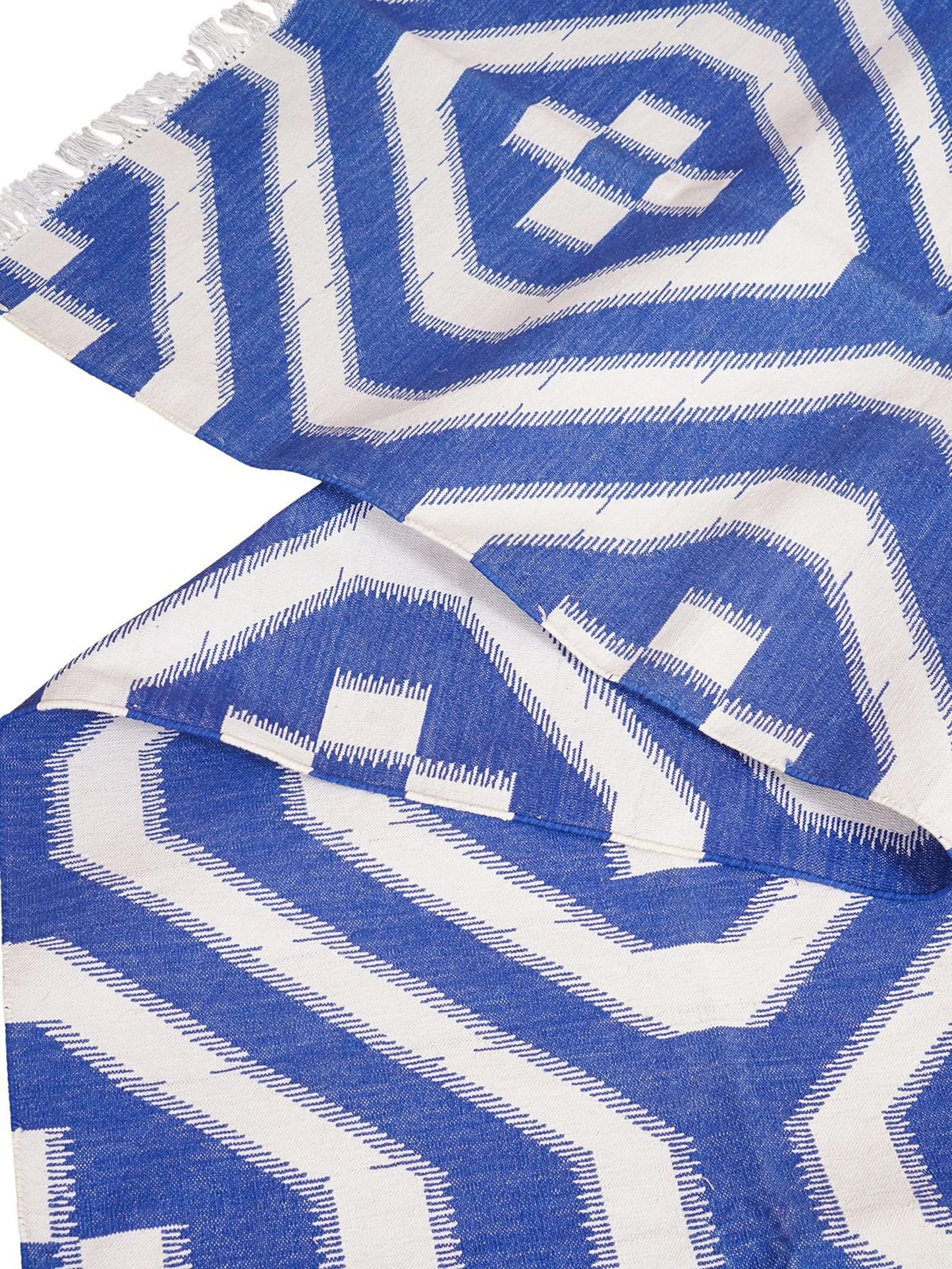 Royal Blue & White Geometric Area Rug, Southwestern Diamond Cross Kilim Dhurrie