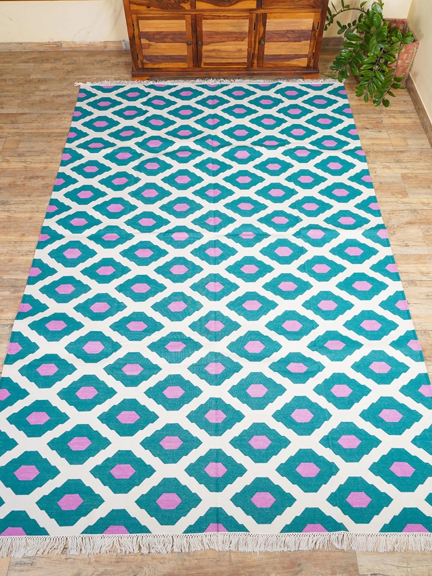 Teal Orchid Handwoven Cotton Flatweave Dhurrie Rug