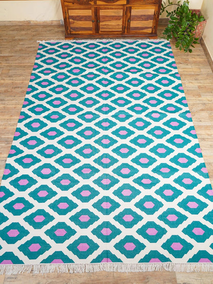 Teal Orchid Handwoven Cotton Flatweave Dhurrie Rug