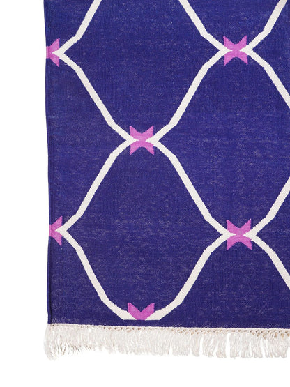 Cobalt Trellis Handwoven Cotton Flatweave Dhurrie Rug