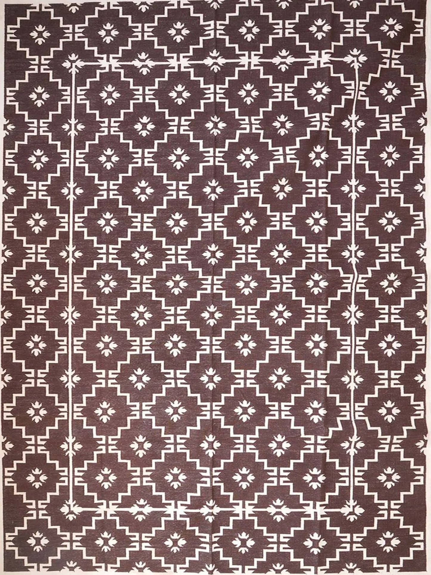 Espresso Dark Brown Geometric Area Rug, Minimalist Floral Diamond Dhurrie Rug