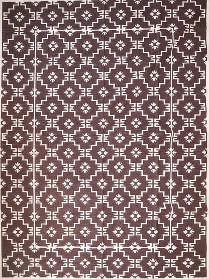 Espresso Dark Brown Geometric Area Rug, Minimalist Floral Diamond Dhurrie Rug