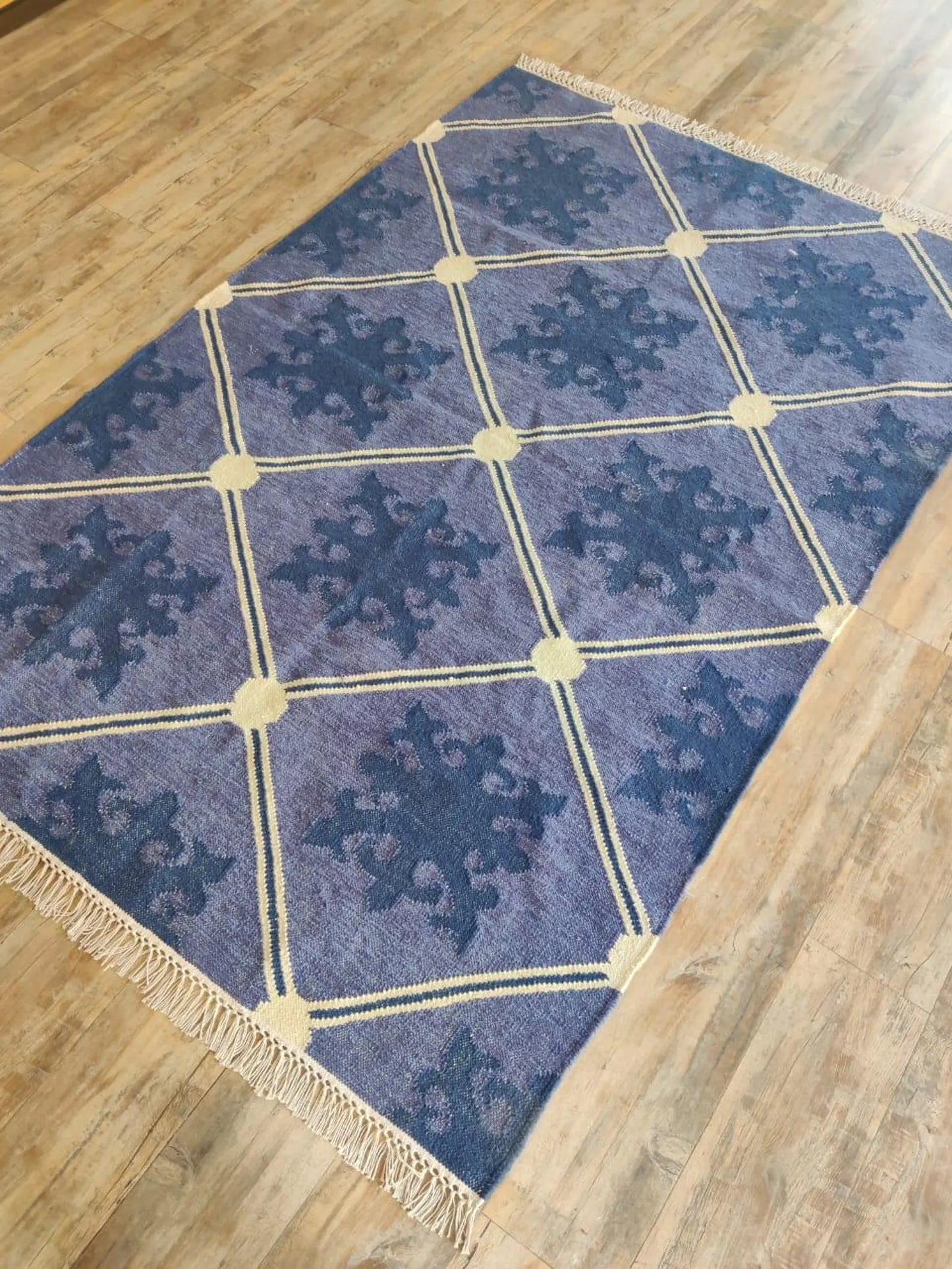 Slate Lavender Fleur Premium Lavender Blue & Indigo Wool Cotton Dhurrie Rug