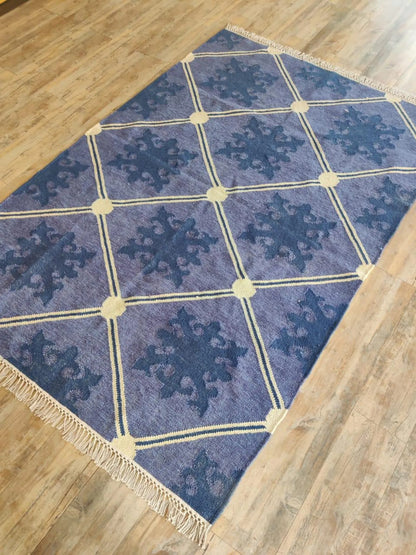 Slate Lavender Fleur Premium Lavender Blue & Indigo Wool Cotton Dhurrie Rug