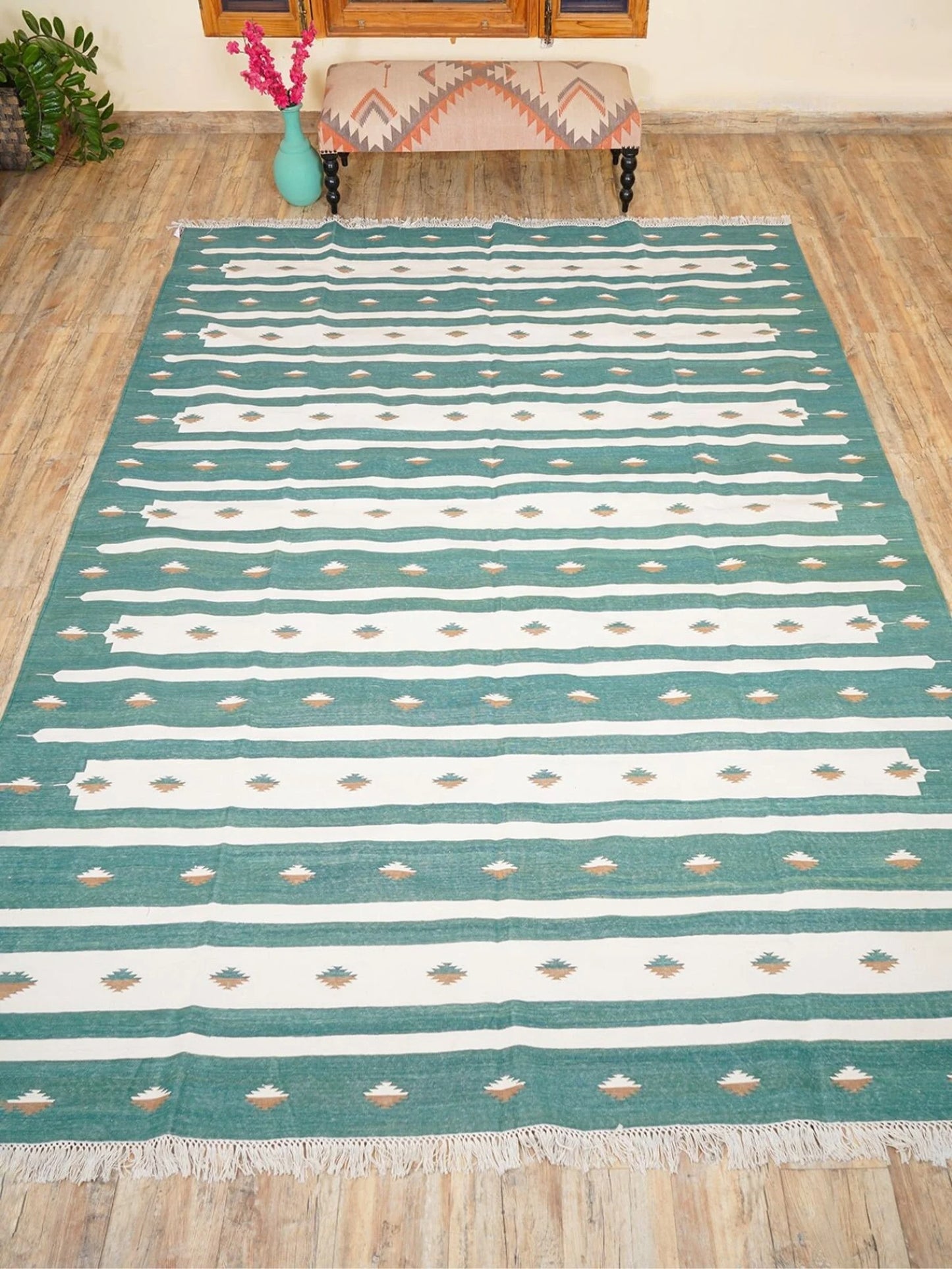 Teal Horizon Handwoven Cotton Flatweave Dhurrie Rug