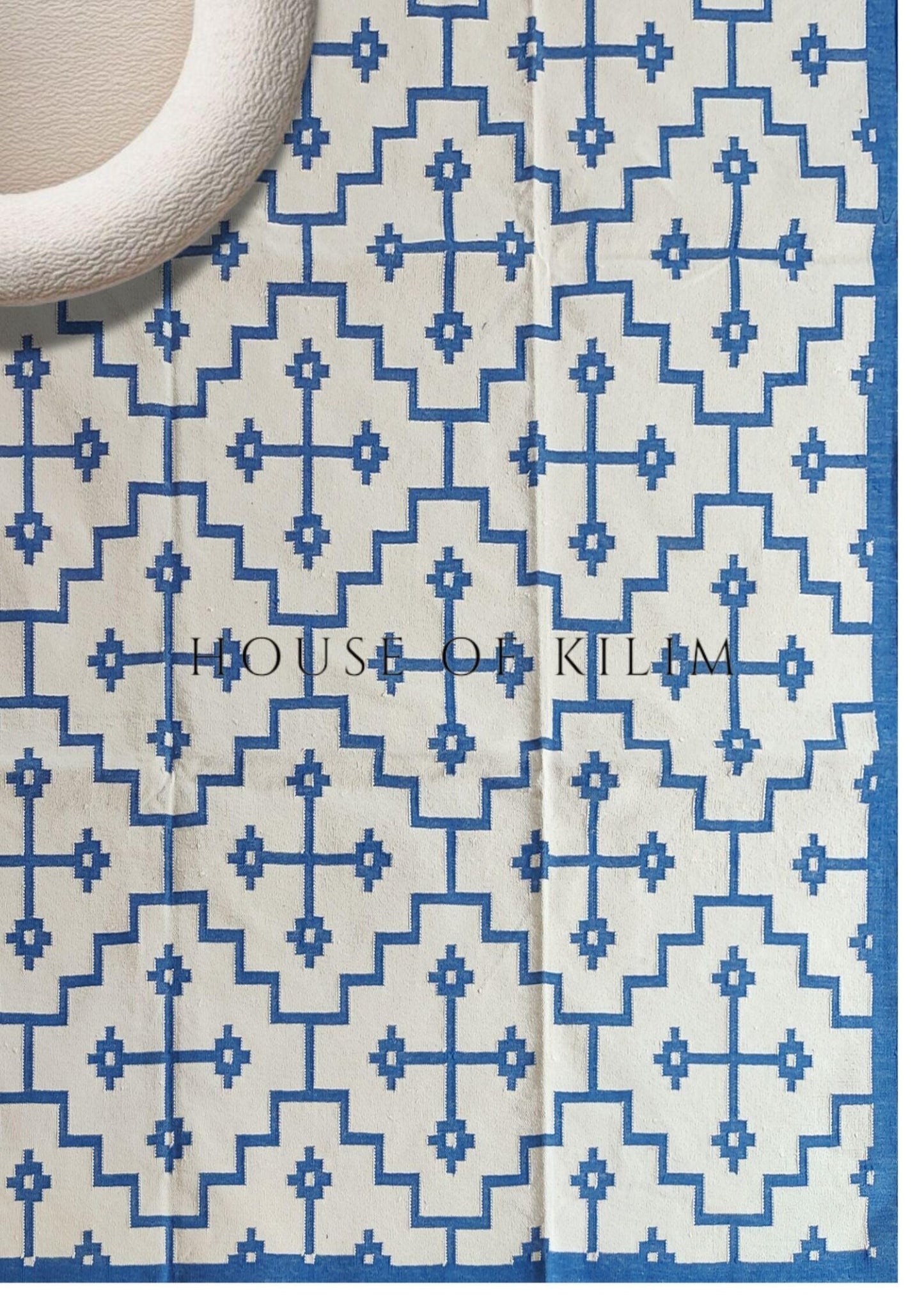 Royal Blue & Ivory Geometric Area Rug, Southwestern Diamond Cross  Dhurrie