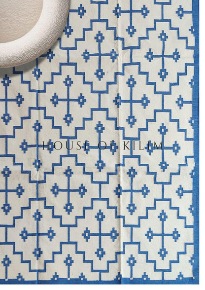 Royal Blue & Ivory Geometric Area Rug, Southwestern Diamond Cross  Dhurrie