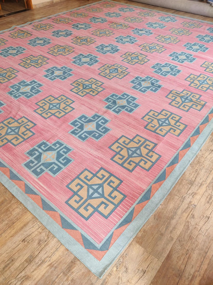 Pink Geometric Cotton Traditional Design Area Rug