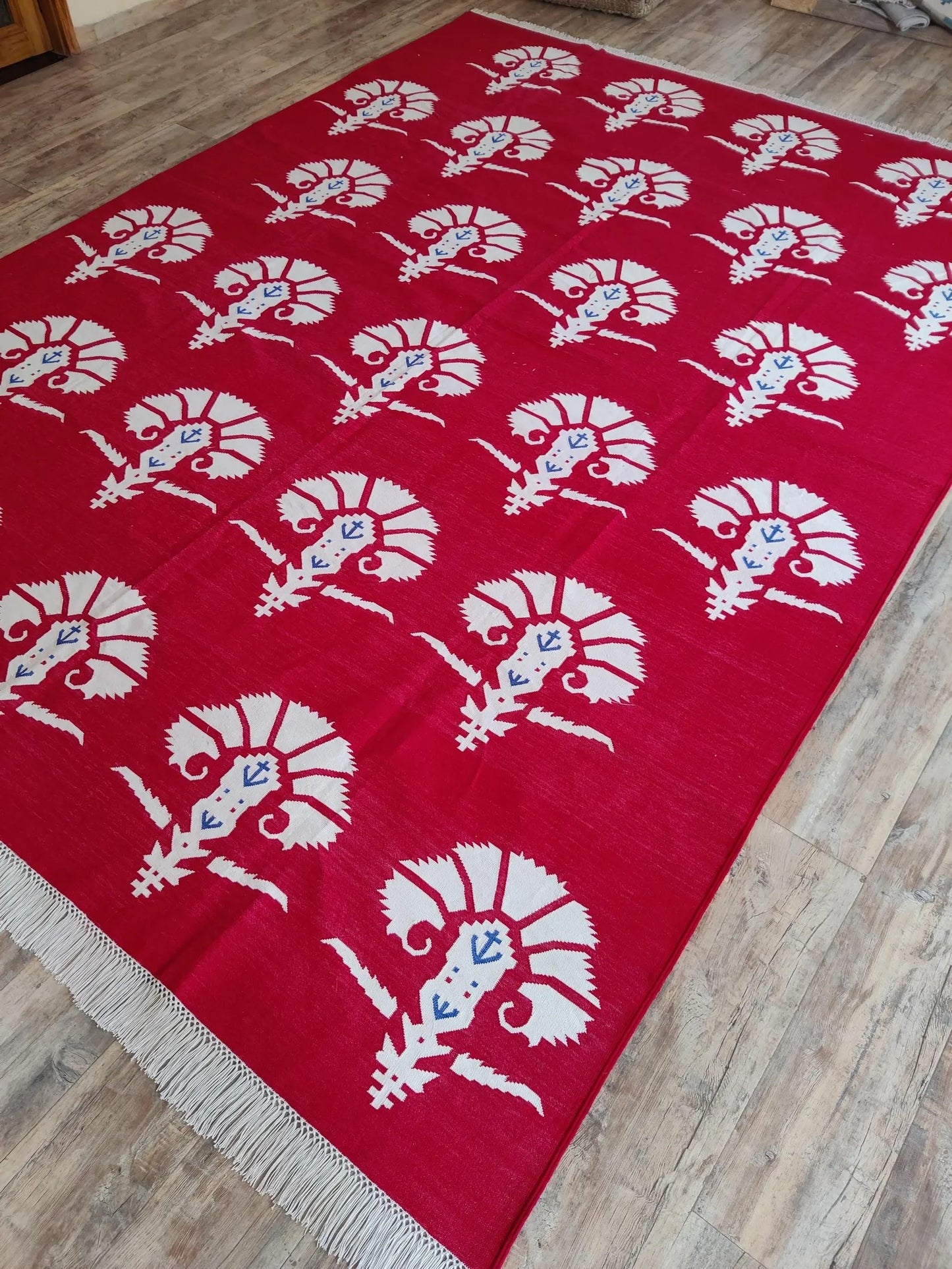 Red Mughal Floral Area Rug Traditional Carnation Motif Dhurrie Carpet