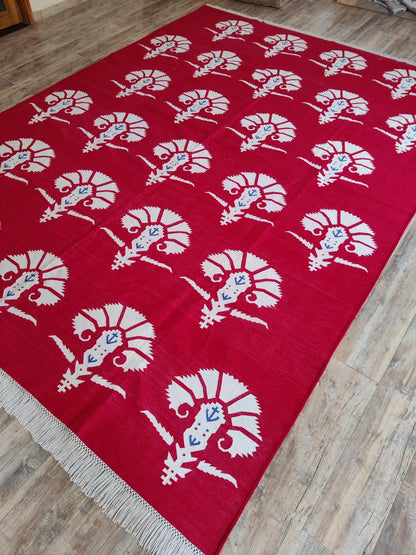 Red Mughal Floral Area Rug Traditional Carnation Motif Dhurrie Carpet