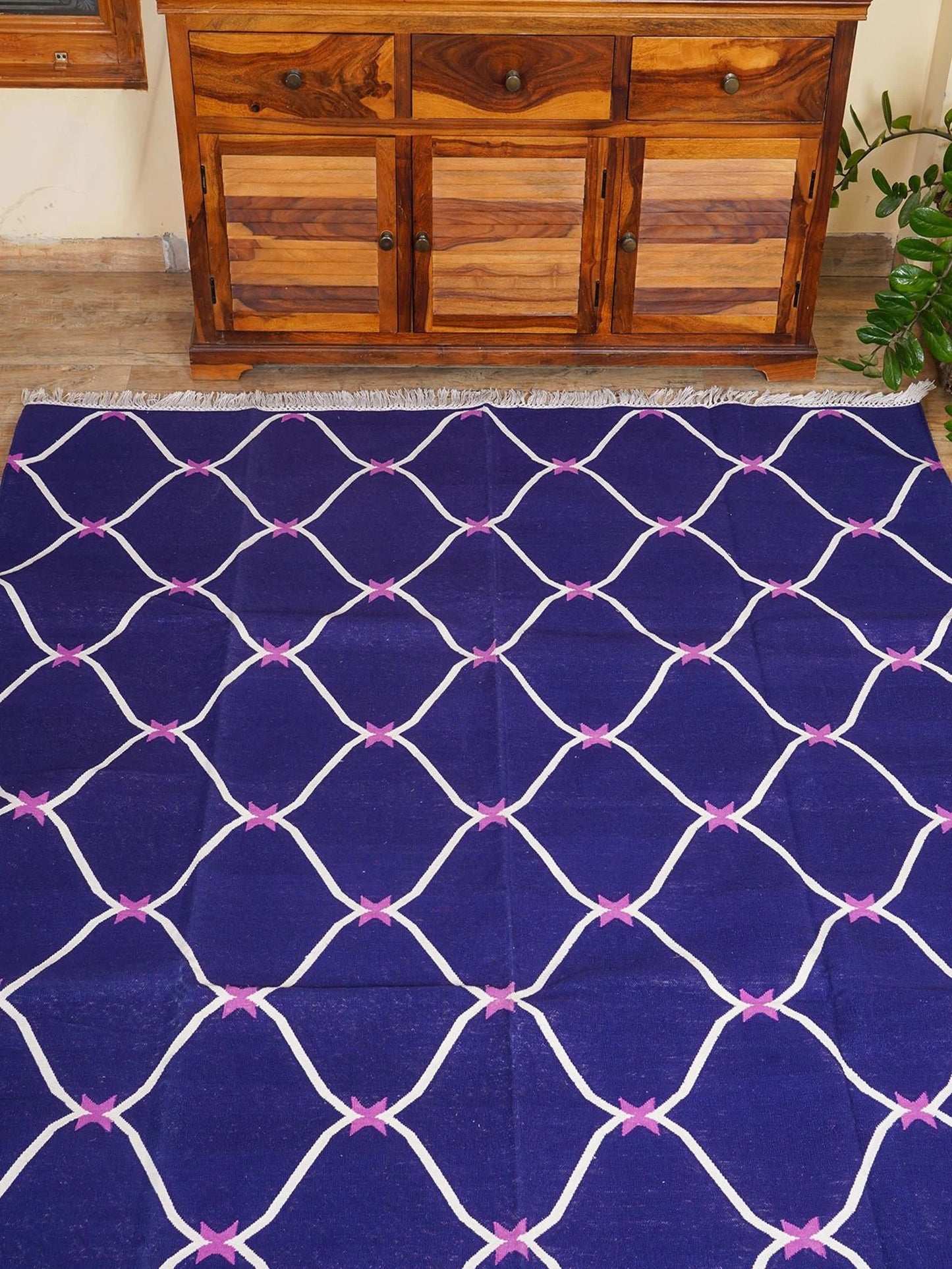 Cobalt Trellis Handwoven Cotton Flatweave Dhurrie Rug