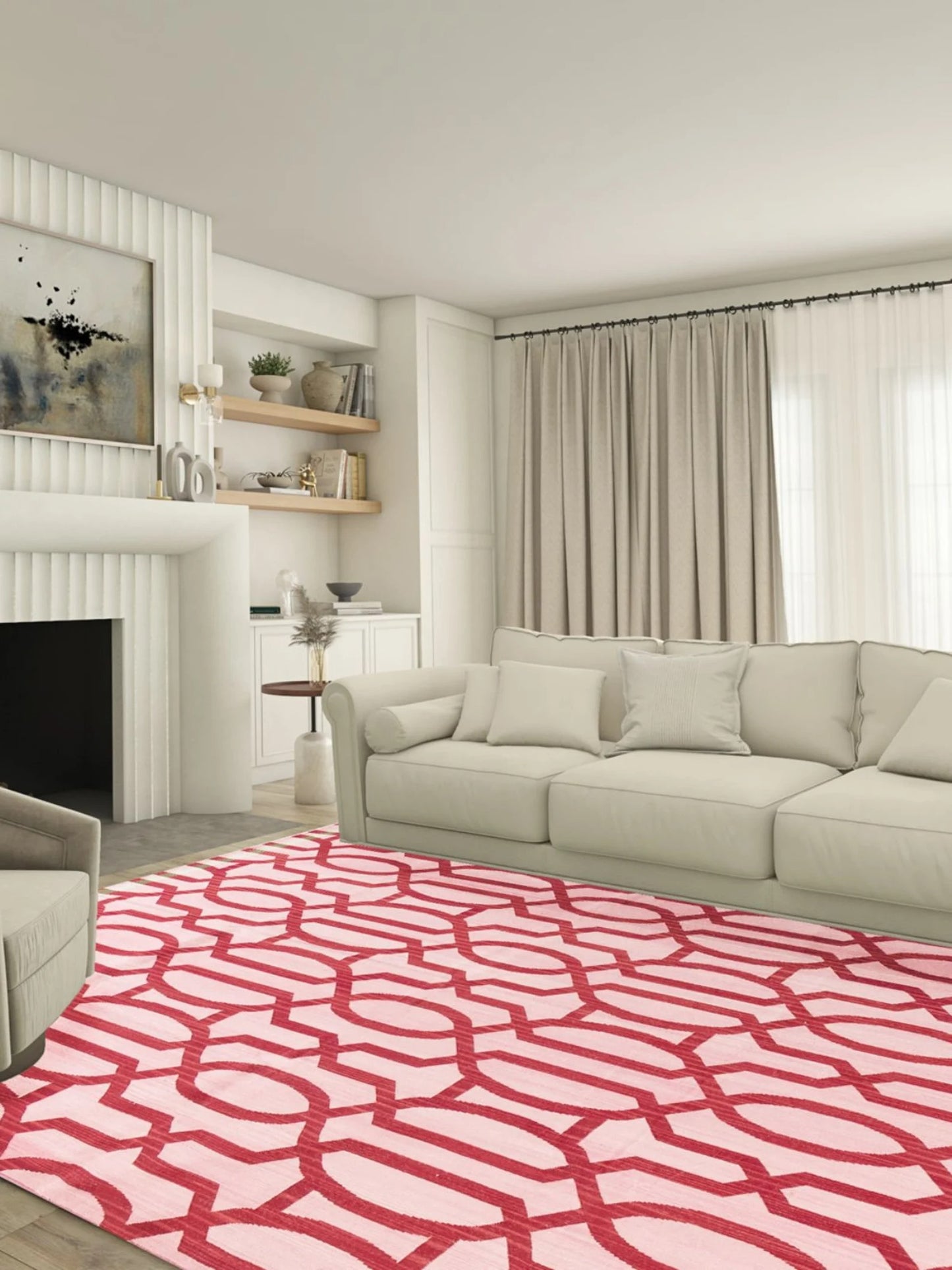 Blush Pink & Maroon Red Cotton Flatweave Rug
