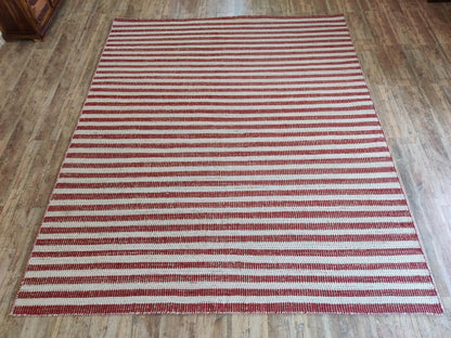 Linear Striped Pattern Dhurrie | Rust Red & Cream Artisan Home Decor