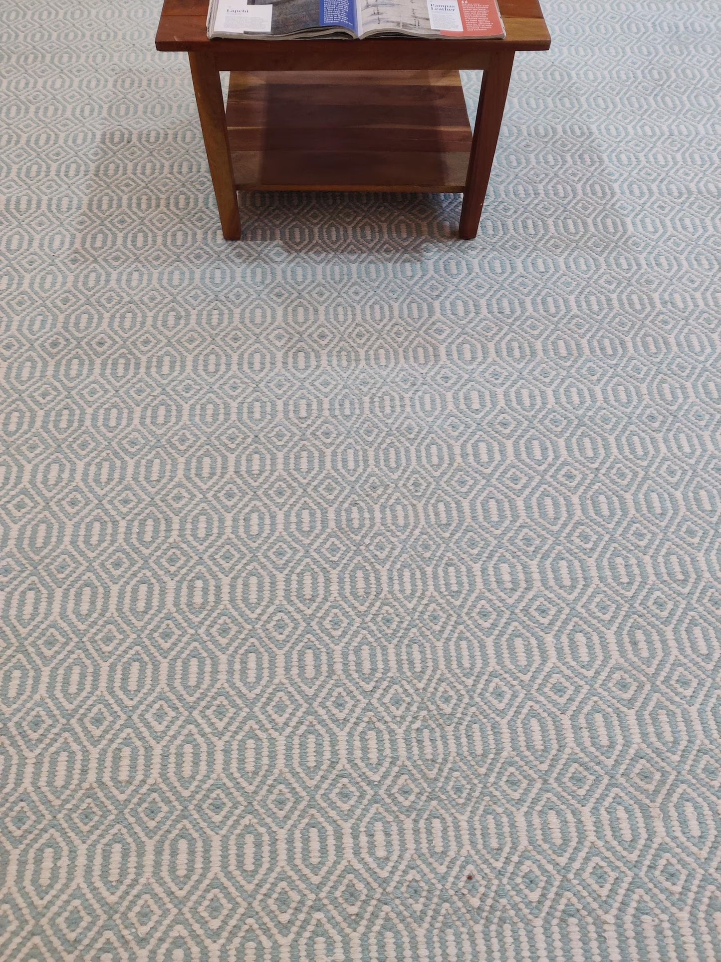 Hand-Woven Light Blue Diamond Trellis Wool Rug