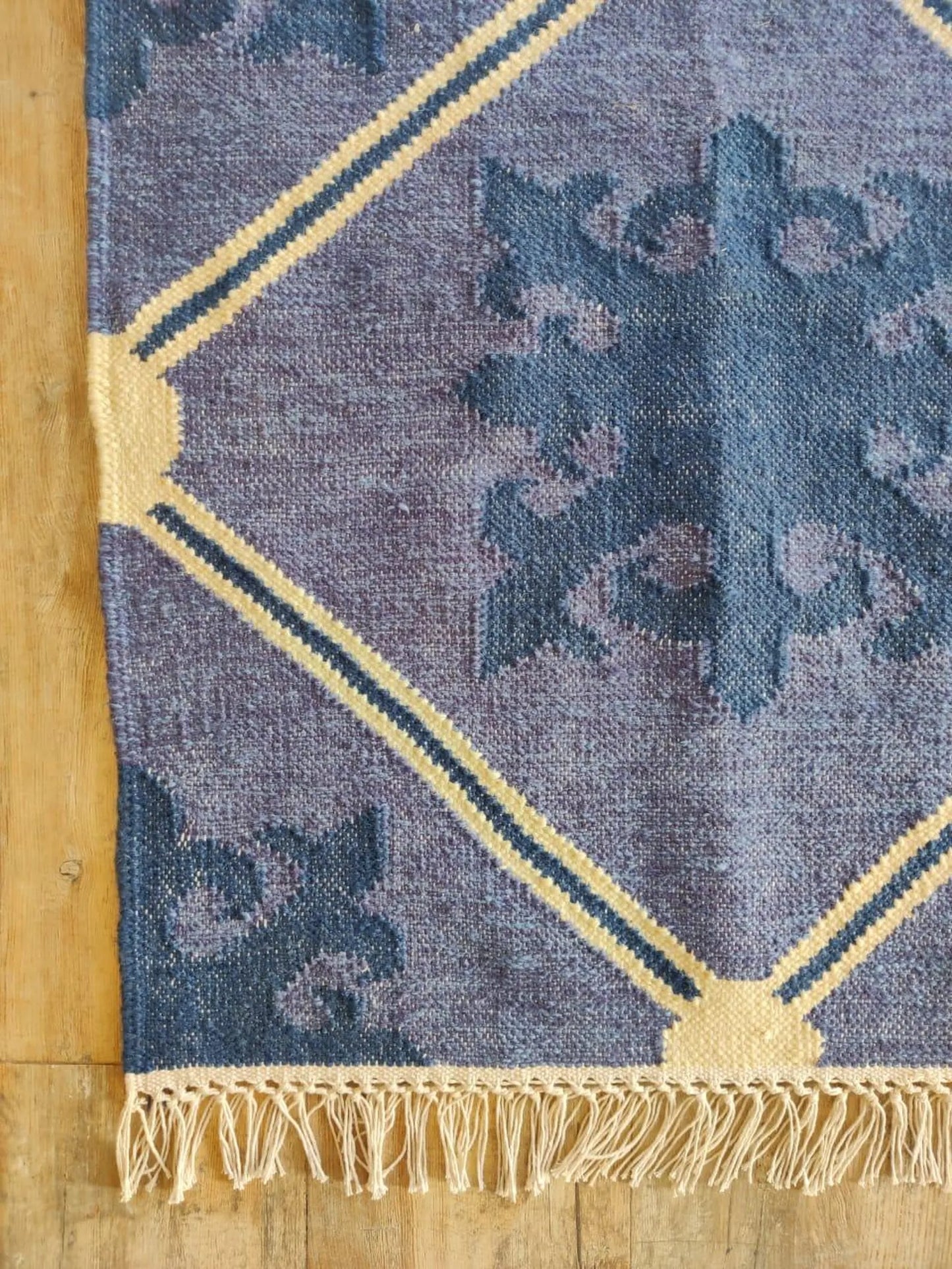 Slate Lavender Fleur Premium Lavender Blue & Indigo Wool Cotton Dhurrie Rug