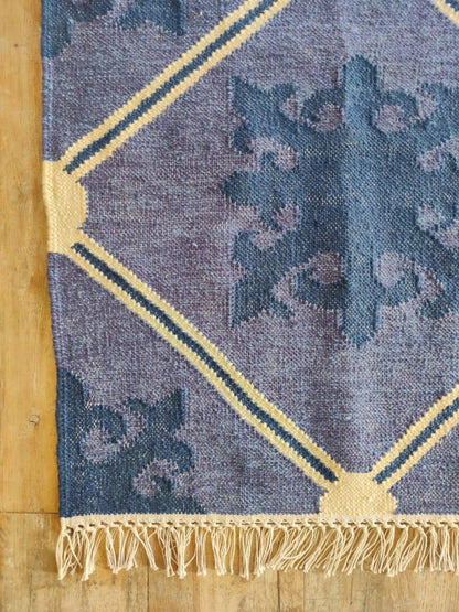 Slate Lavender Fleur Premium Lavender Blue & Indigo Wool Cotton Dhurrie Rug