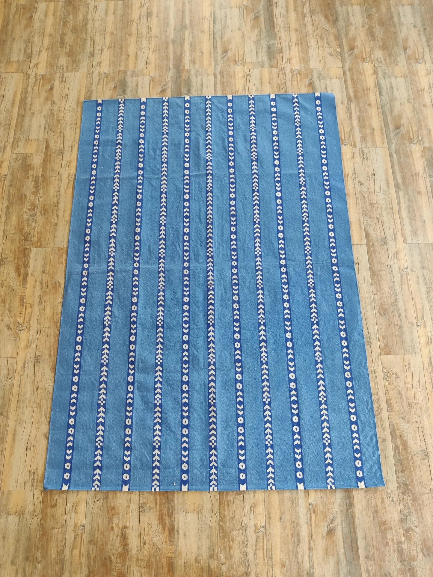Bright Blue Vertical Stripe Cotton Flatweave Rug