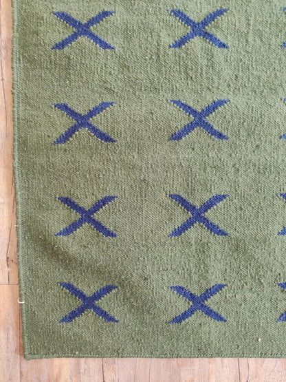 Wool Rug with Blue X Pattern,  Handmade Modern Area Rug
