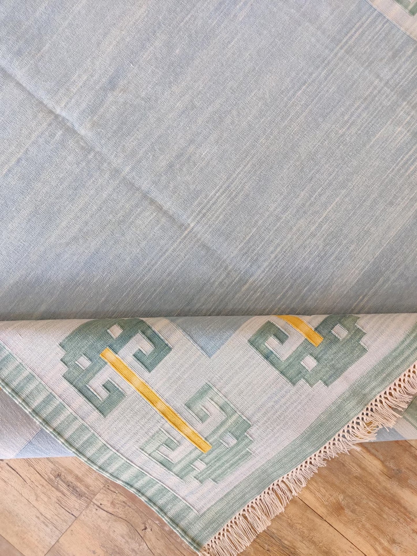 Pastel Blue Cotton Flatweave Rug Retro Modern Area Rug for Bedroom