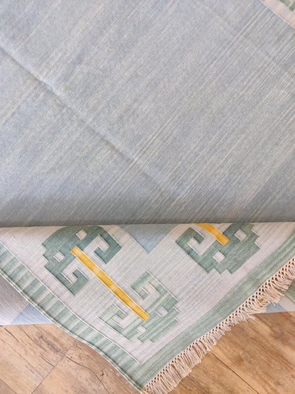 Pastel Blue Cotton Flatweave Rug Retro Modern Area Rug for Bedroom