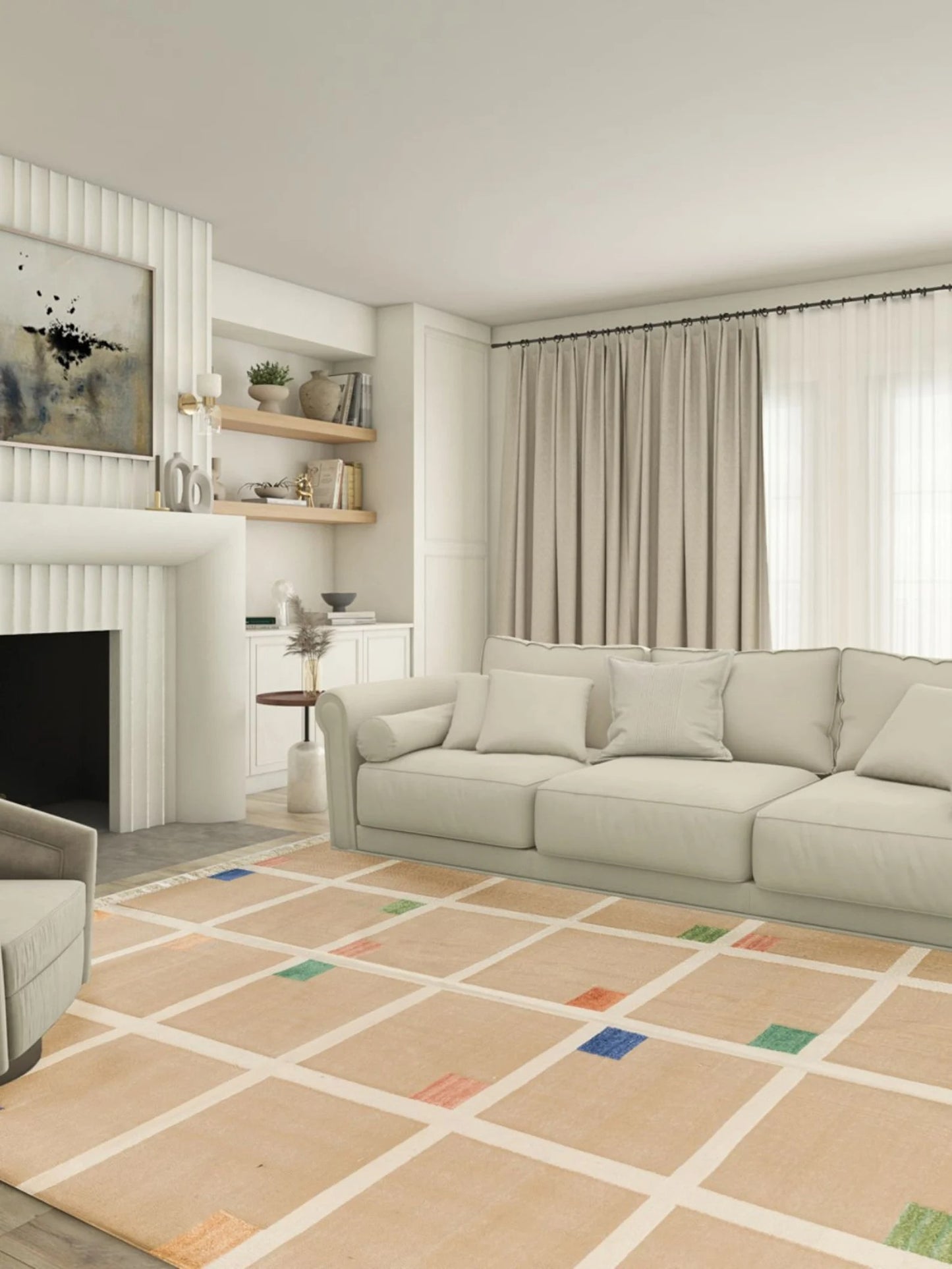 Bauhaus Grid Contemporary Neutral Windowpane Flatweave Area Rug