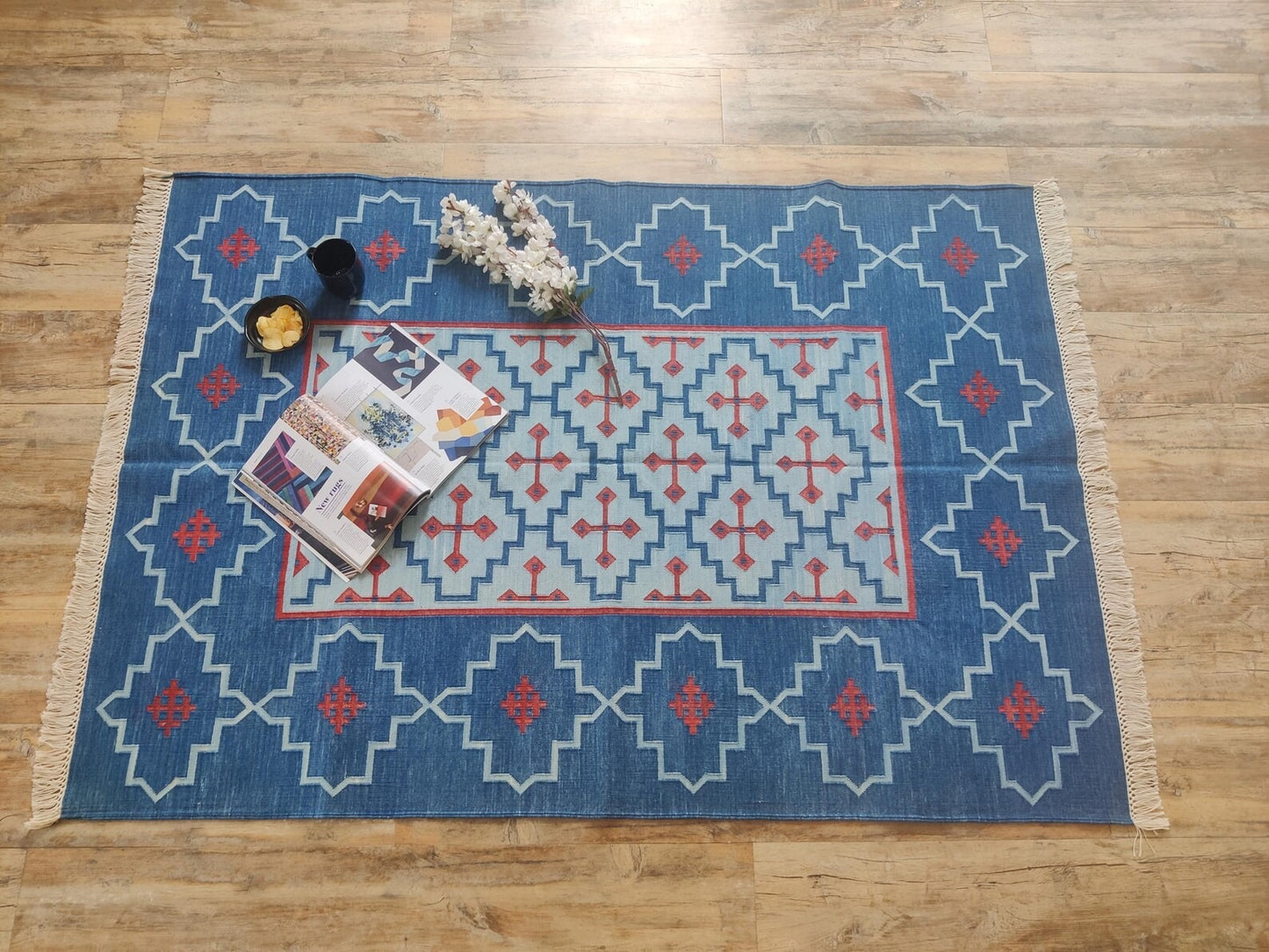 Cobalt Blue Flat Weave Carpet, Southwestern Eye Dazzler Lodge Dhurrie Rug