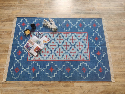Cobalt Blue Flat Weave Carpet, Southwestern Eye Dazzler Lodge Dhurrie Rug