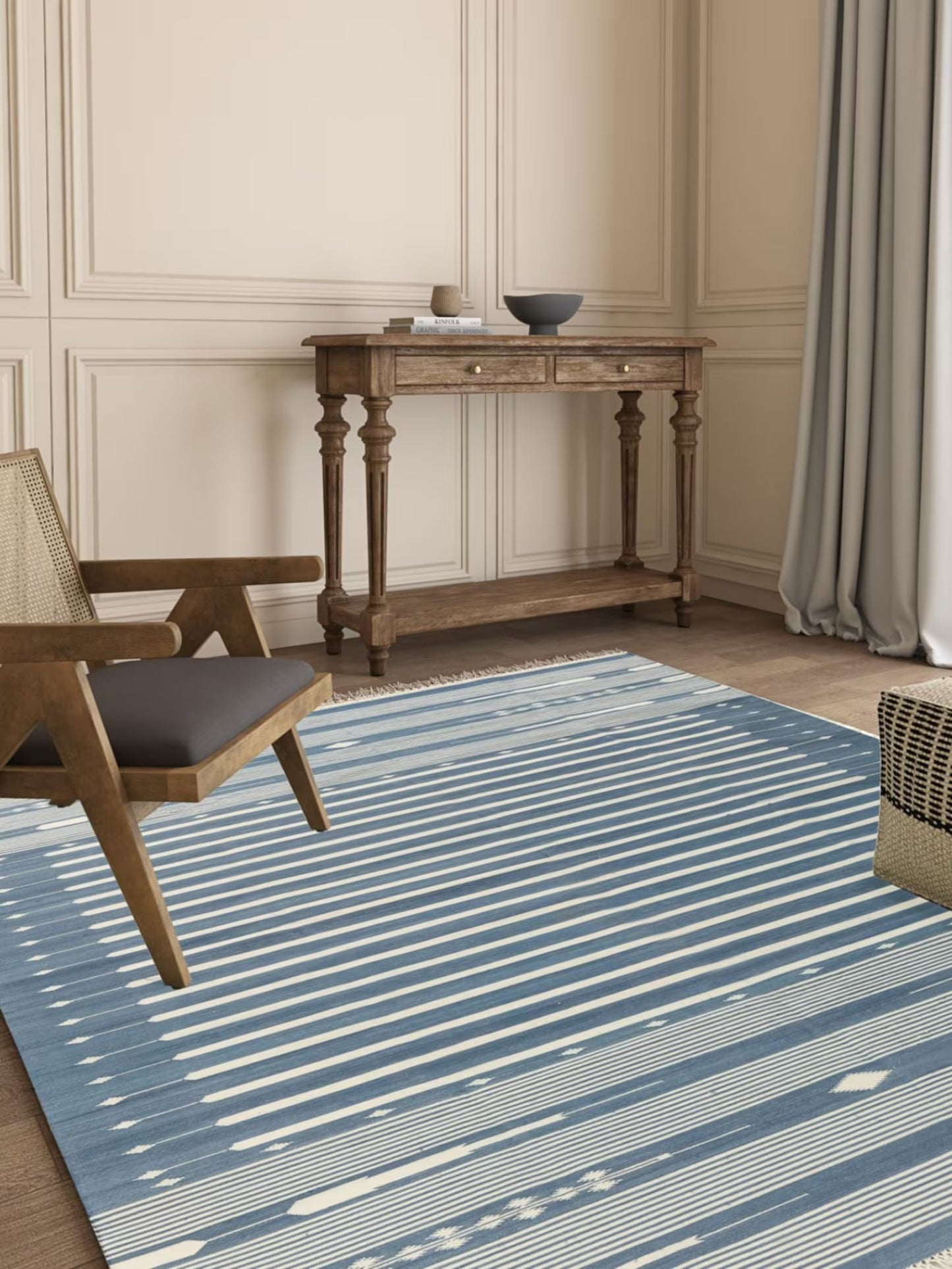 Slate Blue Striped Flatweave Rug with Tribal Motifs