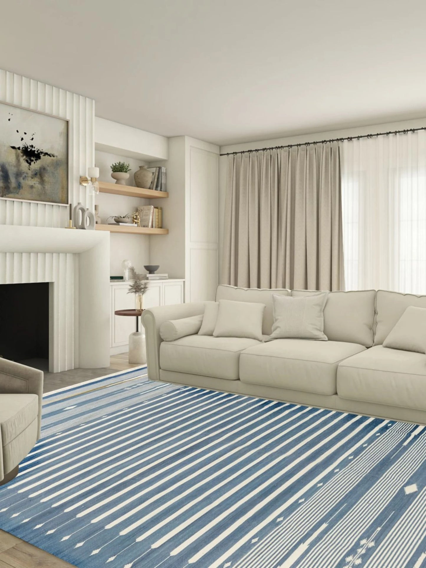Denim Blue & White Striped Reversible Coastal Area Rug