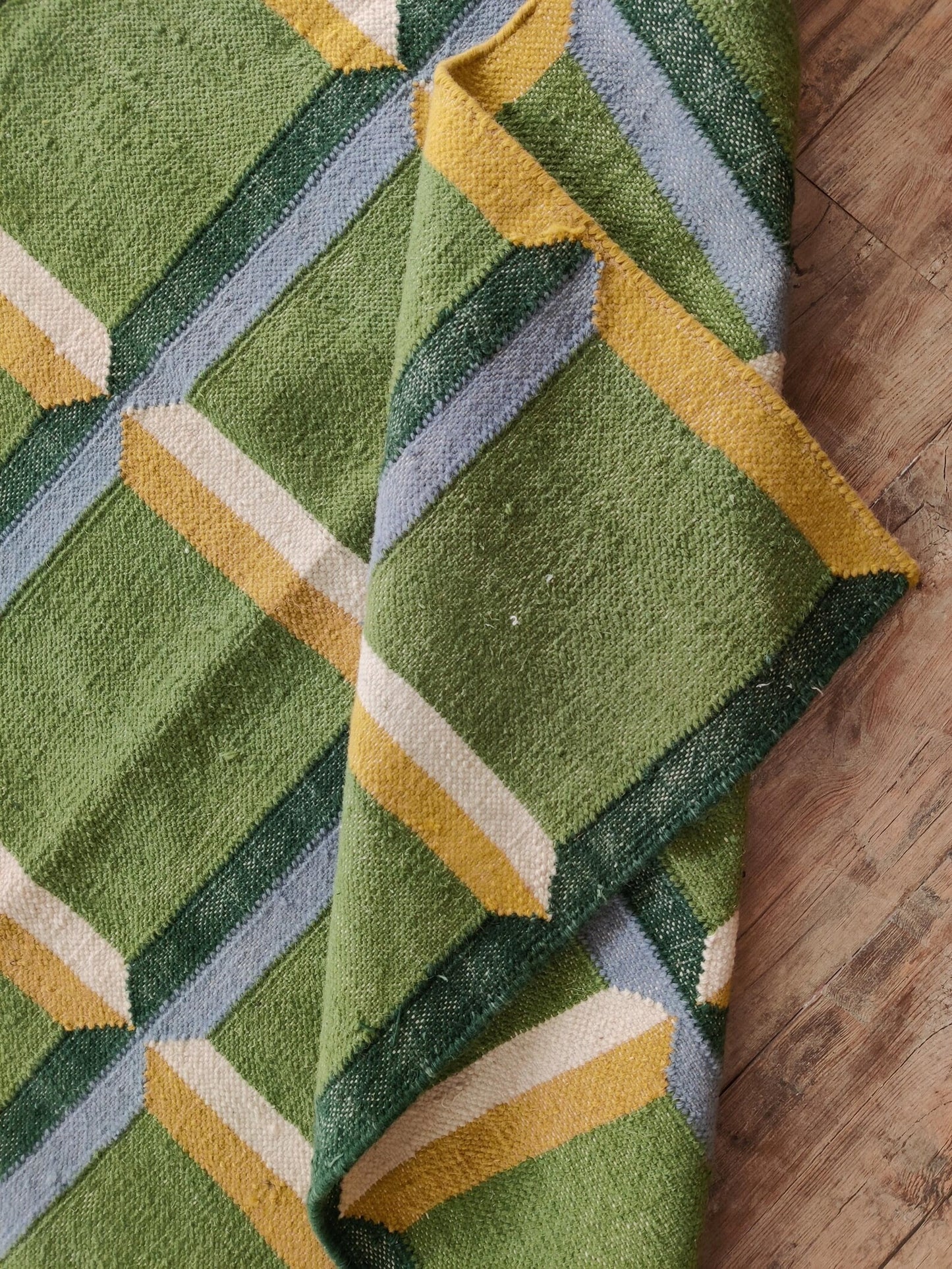 Emerald Block Lattice Modern Green Checkered Wool Cotton Dhurrie Rug