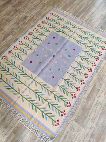 Periwinkle Folk Garland Handwoven Swedish Heritage Kilim, Custom Size