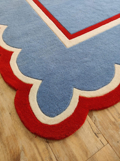 Blue Scalloped Modern Hand Tufted Wool Area Rug for Bedroom and Living Room