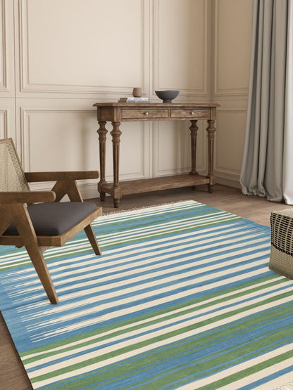 Handmade Coastal Blue & Forest Green Striped Rug
