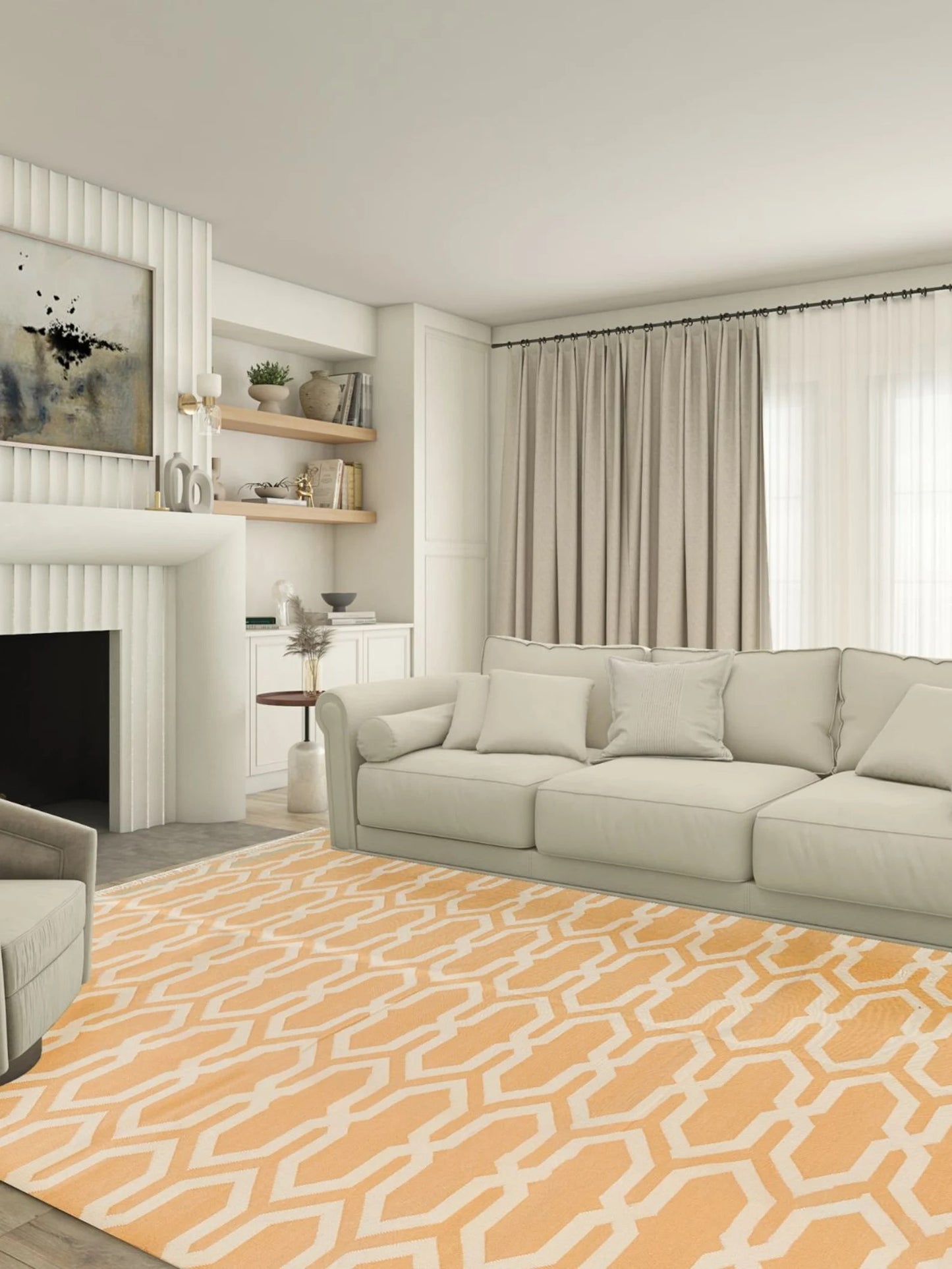 Camel Beige Geometric Area Rug, Modern Interlocking Trellis Dhurrie