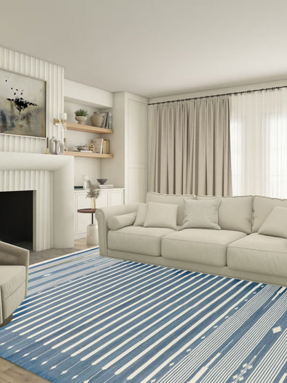 Slate Blue Striped Flatweave Rug with Tribal Motifs