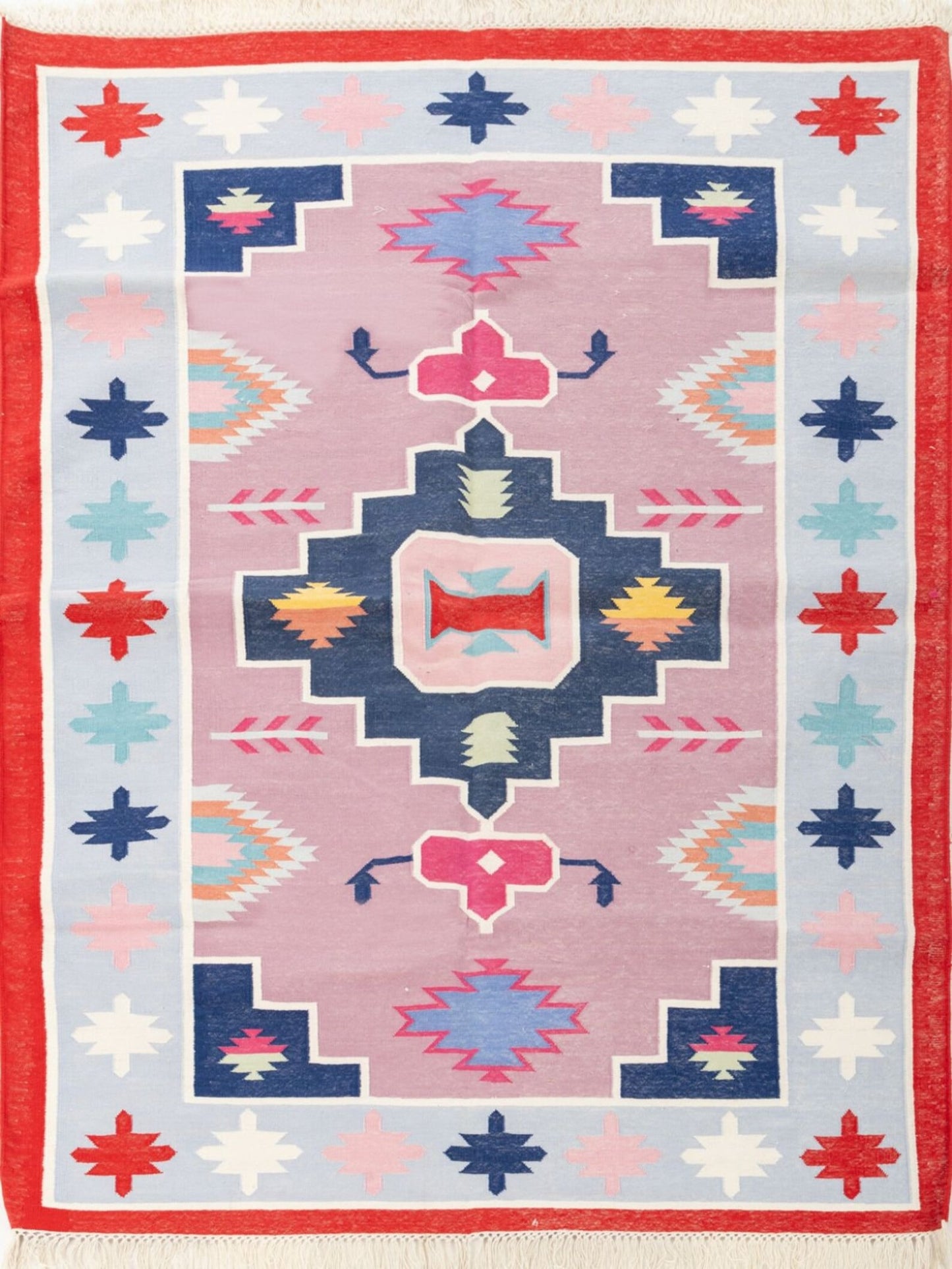 Southwestern Tribal Kilim - Pastel Pink & Blue Aztec Medallion Dhurrie